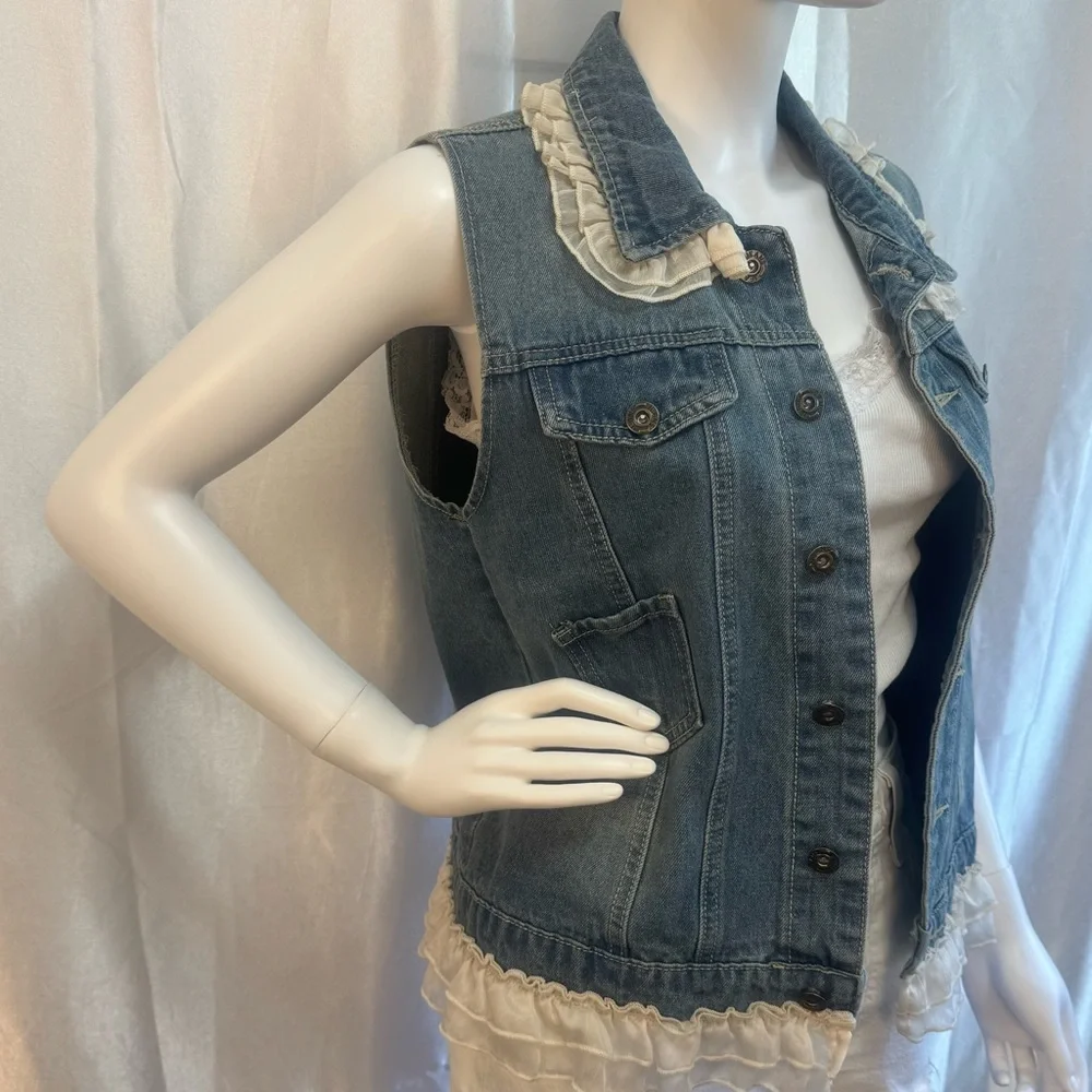 Paisley Vine Ruffled Lace Denim Jeans Vest - Picture 3 of 9